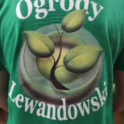 Zielona koszulka z nadrukiem 'Ogrody Lewandowski' i motywem liści z kroplami wody, widok z tyłu.