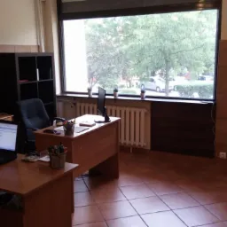 Biuro z dwoma biurkami, komputerem, monitorem, wentylatorem, regałem i oknem z widokiem na zieleń.