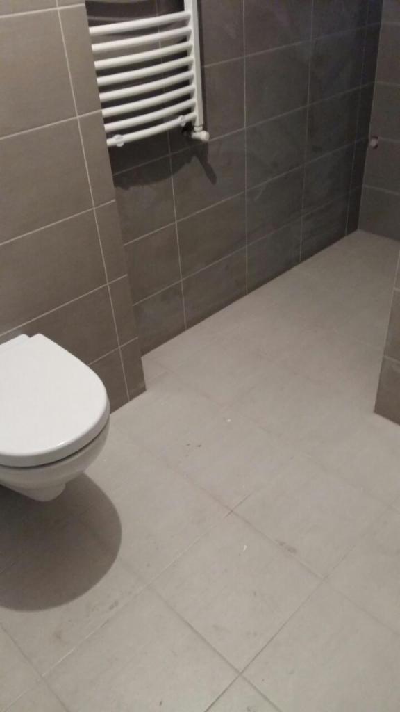 Wykończona łazienka z szarymi, kwadratowymi płytkami na ścianach i podłodze, biała toaleta wisząca i grzejnik drabinkowy.