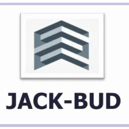 Logo firmy JACK-BUD z abstrakcyjnym symbolem budynku w formie schodkowej konstrukcji w odcieniach szarości.