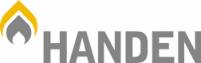 Logo firmy HANDEN z symbolem płomienia gazowego w kolorach żółto-szarych, obok szarego napisu HANDEN.