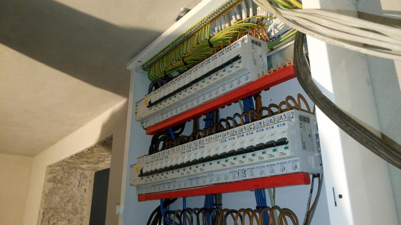 Rozdzielnica elektryczna z widocznymi bezpiecznikami, przewodami w kolorach zielono-żółtym, niebieskim i brązowym, zamontowana w białej obudowie na tle surowej ściany w trakcie wykańczania.