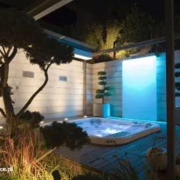 Nowoczesny ogr&oacute;d z podświetlanym jacuzzi, wodną ścianą i formowanymi drzewami w donicach, oświetlenie punktowe wkomponowane w roślinność.