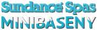 Logo firmy Sundance Spas Minibazeny w odcieniach błękitu, prezentujące nazwę marki i rodzaj oferowanych produktów.