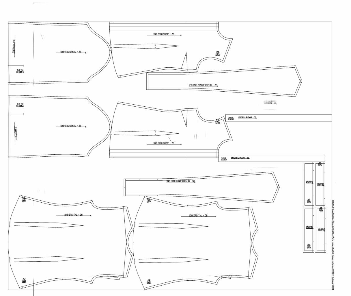 Szczegółowy schemat odzieży damskiej z zaznaczonymi wymiarami i elementami konstrukcyjnymi na białym tle, widoczne różne części wykroju.