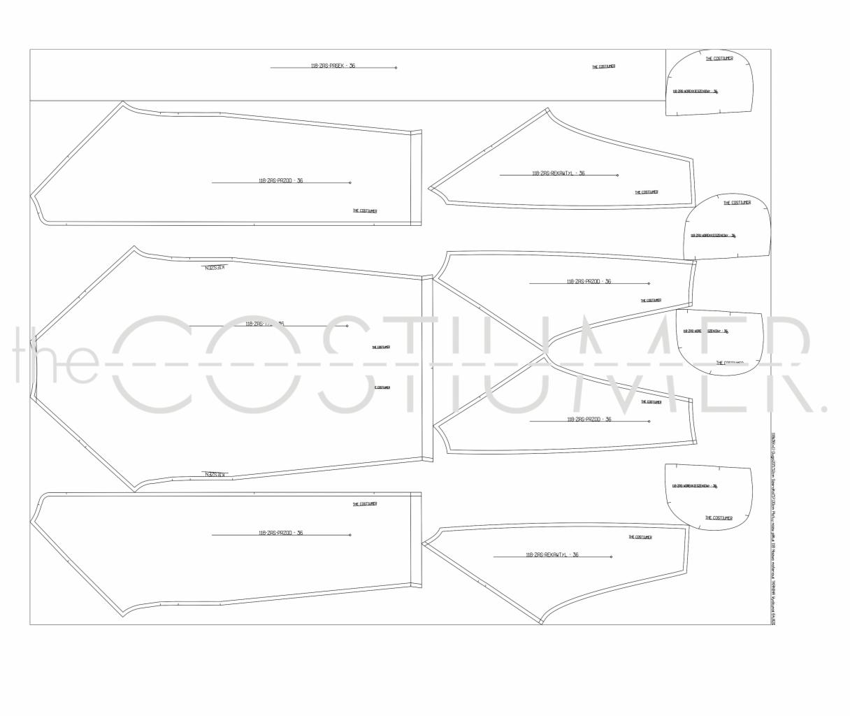 Schemat szablonów odzieżowych z wymiarami i oznaczeniami na białym tle, widoczne różne kształty wykrojów z numeracją i nazwą 'THE COSTIUMER'.