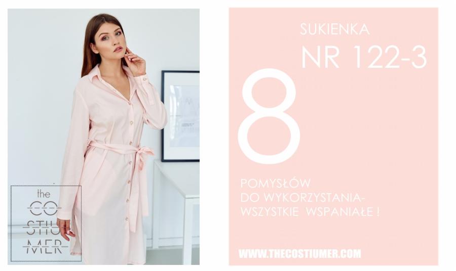 Modelka prezentuje jasnoróżową sukienkę koszulową z paskiem, obok grafika z napisem 'Sukienka NR 122-3' i logo firmy odzieżowej.