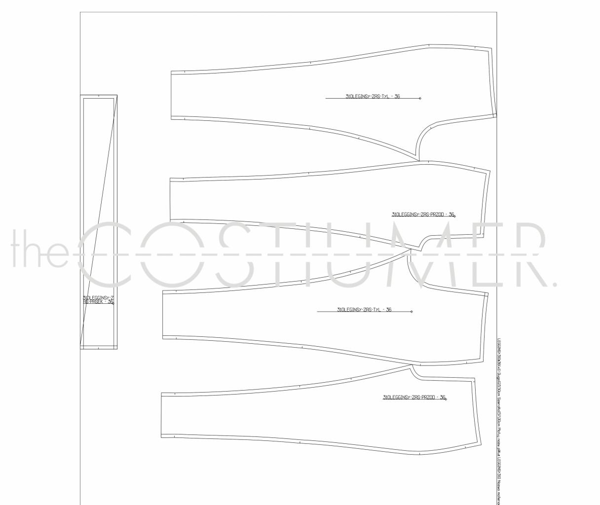 Schemat wykroju legginsów z opisami wymiarów i oznaczeniami przodu i tyłu, ułożony na białym tle.