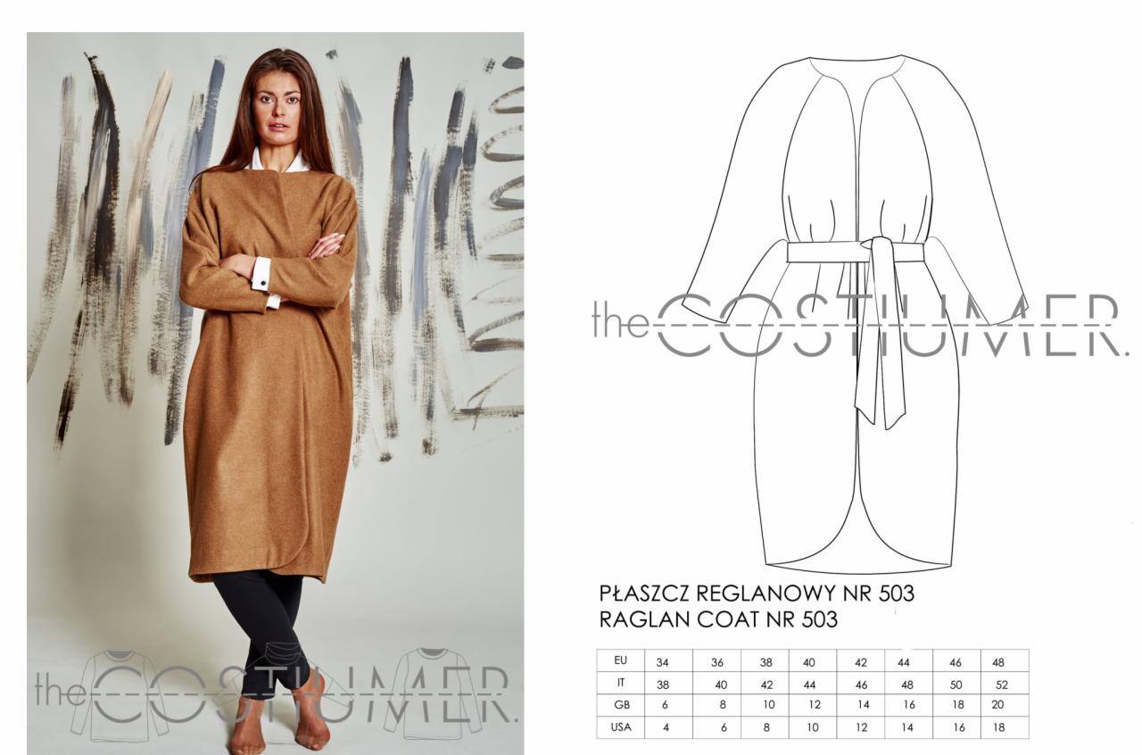 Modelka prezentuje brązowy płaszcz reglanowy na tle abstrakcyjnej ściany, obok schemat kroju z tabelą rozmiarów.