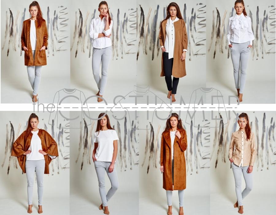 Kolaż ośmiu zdjęć modelki prezentującej różne stylizacje odzieży damskiej na abstrakcyjnym tle, z nałożonym schematycznym rysunkiem ubrań.