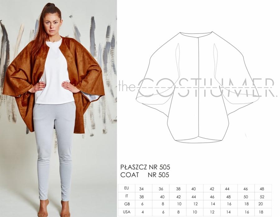 Modelka prezentuje brązowe ponczo z szerokimi rękawami na tle abstrakcyjnej grafiki, obok schematyczny rysunek płaszcza z tabelą rozmiarów.