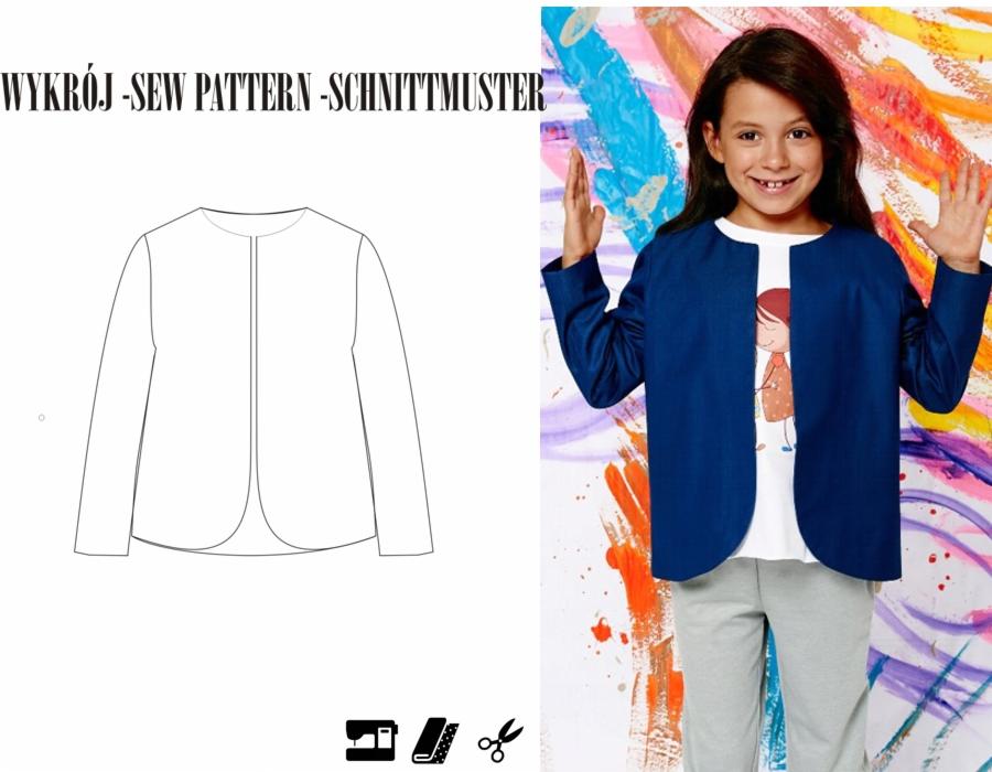 Dziewczynka prezentuje granatową marynarkę na tle kolorowej ściany, obok schemat wykroju marynarki z ikonami krawieckimi.