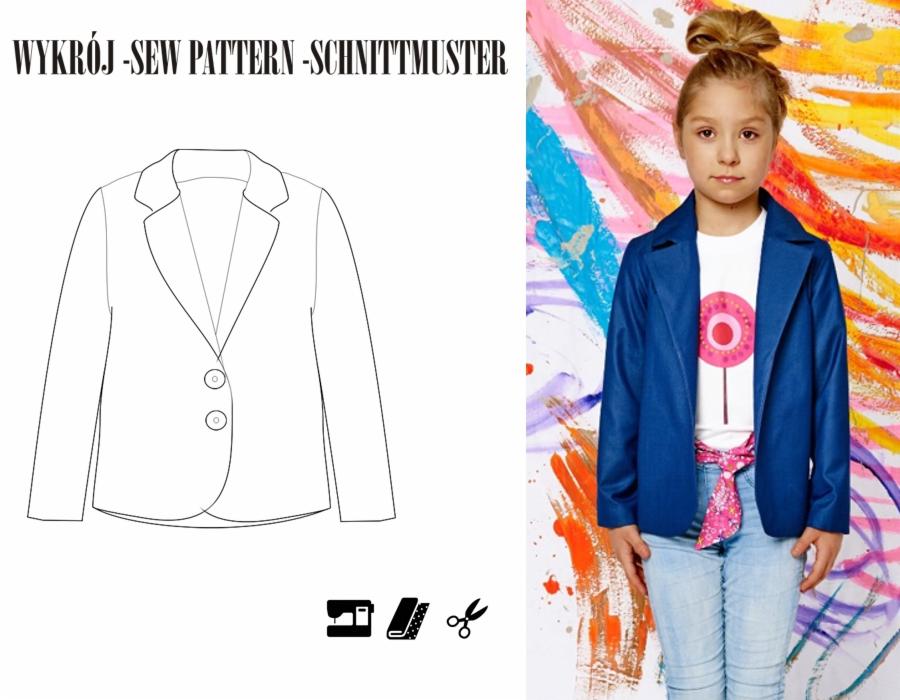Dziewczynka w niebieskiej marynarce na tle kolorowej ściany, obok rysunek techniczy marynarki i ikony maszyny do szycia, tkaniny i nożyczek.