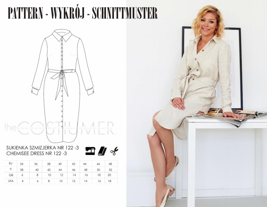 Kolaż: Modelka w beżowej sukience szmizjerce z paskiem, siedząca na białym stoliku obok schematu wykroju tej sukienki.