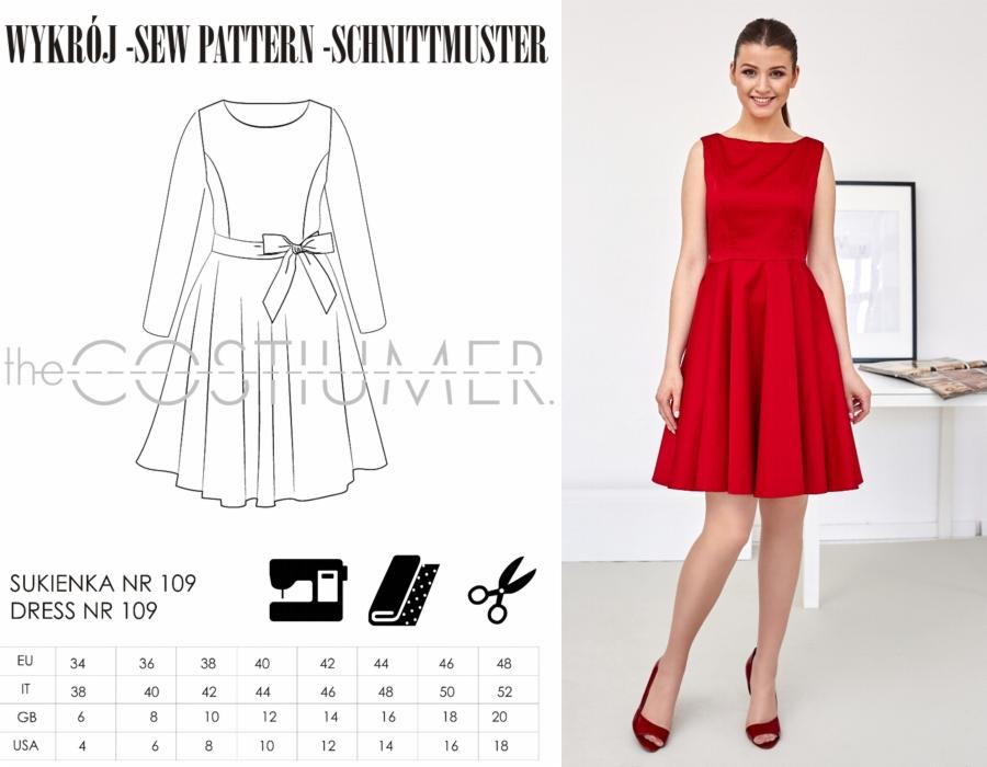 Szkic wykroju sukienki z kokardą obok modelki prezentującej uszyty, czerwony wariant z dopasowanymi butami na obcasie.