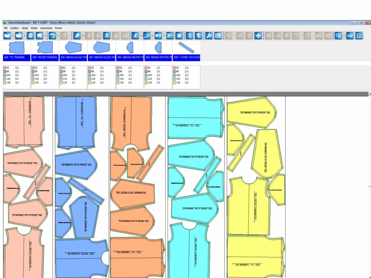 Ekran programu do projektowania odzieży z rozrysowanymi szablonami różnych rozmiarów T-shirtów, widoczne wykroje w kolorach pastelowych z opisami.