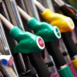 Zbliżenie na pistolety dystrybutora paliw z zielonymi i żółtymi uchwytami, ustawione w rzędzie, z widocznymi detalami konstrukcyjnymi i oznaczeniami.