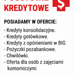 Grafika reklamowa: 'Pogotowie Kredytowe' z listą ofert kredytowych, w tym kredyty konsolidacyjne, gotówkowe, dla osób z opóźnieniami w BIG, pożyczki pozabankowe, chwilówki oraz oferta dla osób...
