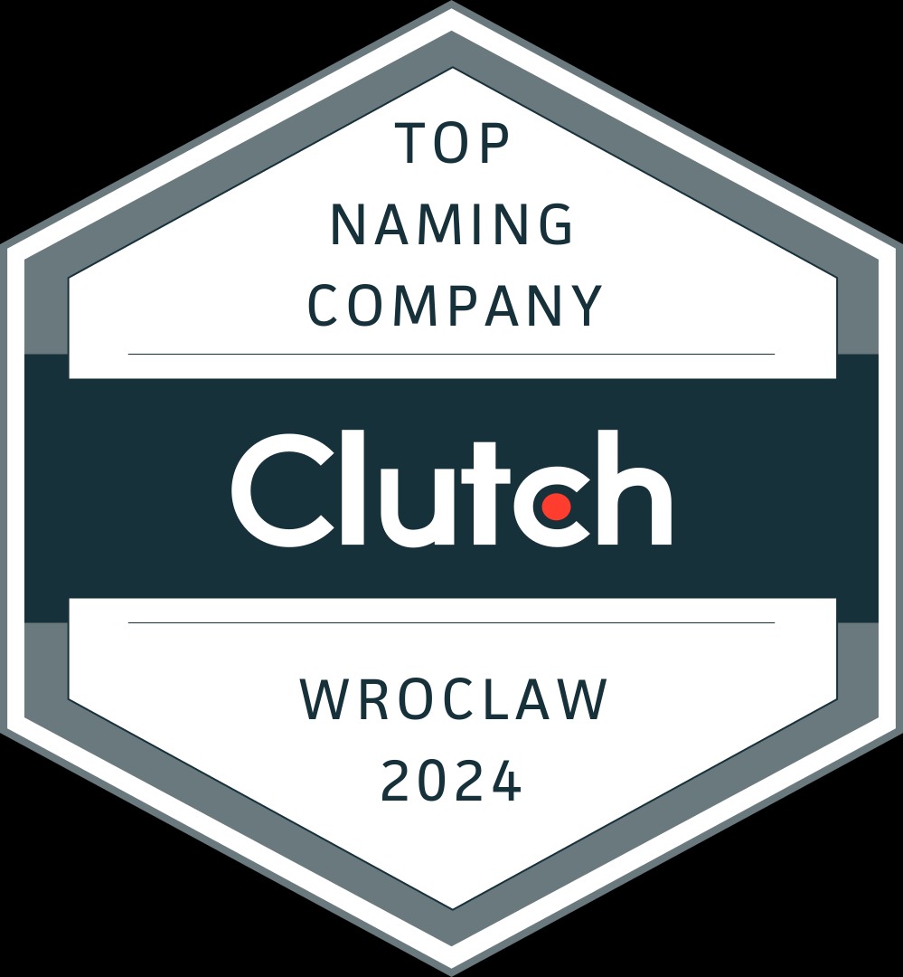 Nagroda Clutch dla firmy namingowej Top Naming Company, Wrocław 2024, w kształcie szarego sześciokąta na czarnym tle.