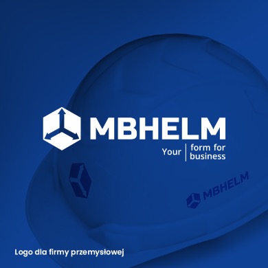 Logo firmy MBHELM na tle stylizowanej, niebieskiej powierzchni przypominającej kask ochronny.