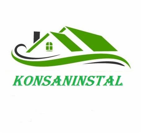 Logo firmy z zielonym dachem domu i kominem, oraz nazwą 'KONSANINSTAL' poniżej.