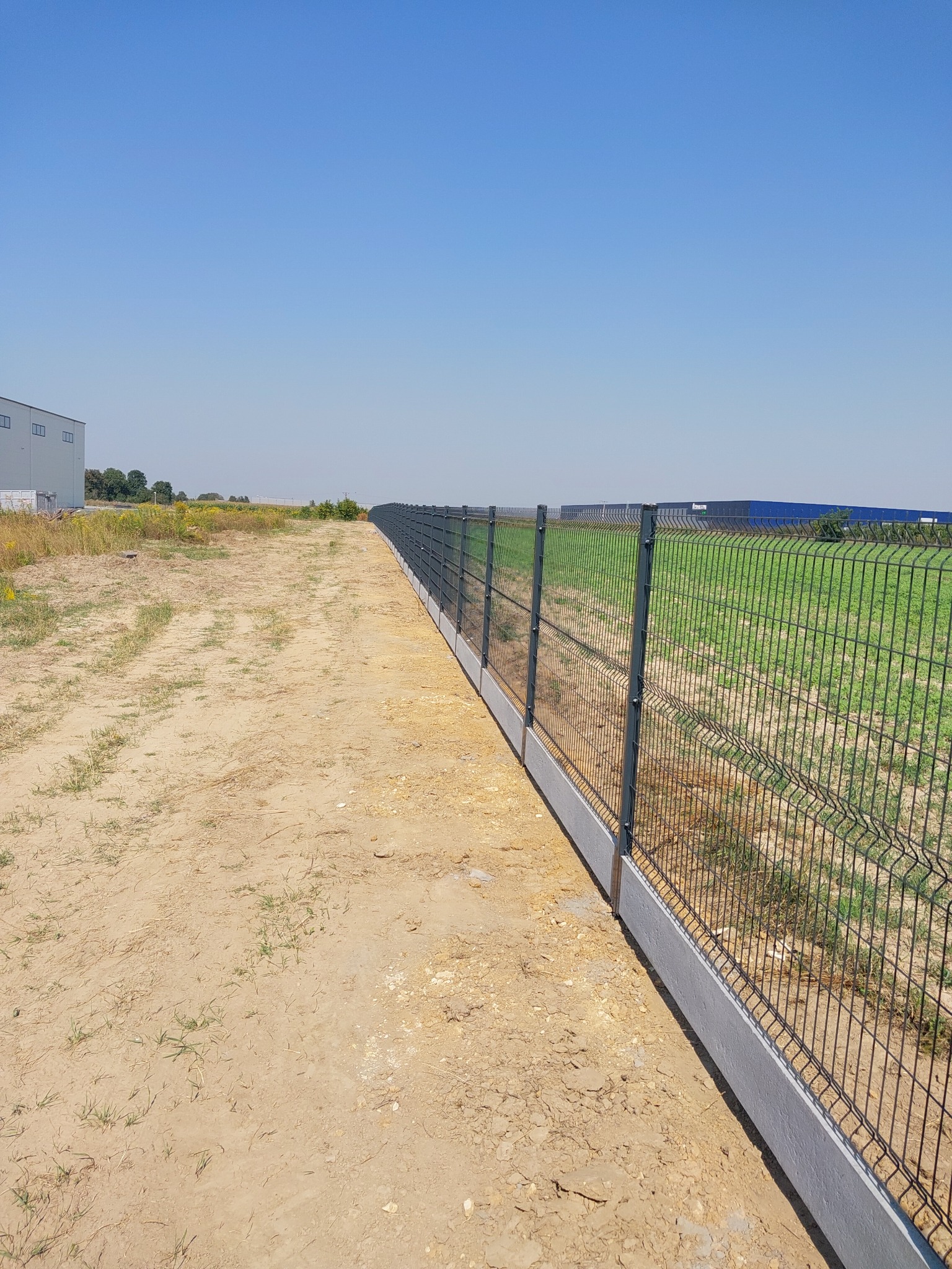 Długa siatka ogrodzeniowa z podmurówką betonową oddzielająca teren piaszczysty od zielonego pola, z budynkami magazynowymi w tle pod błękitnym niebem.