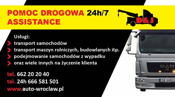 Reklama firmy oferującej pomoc drogową: żółto-czarne tło z tekstem 'POMOC DROGOWA 24h/7 ASSISTANCE', wyliczeniem usług transportowych, numerami telefonów, adresem strony internetowej...