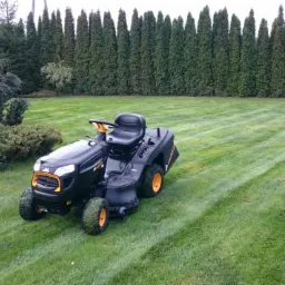 Czarny traktorek do koszenia trawy z żółtymi akcentami na tle równo przystrzyżonego trawnika z widocznymi pasami po koszeniu i szpalerem wysokich drzew.