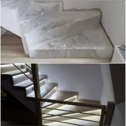 Porównanie stanu surowego i wykończonego schodów wewnętrznych z podświetleniem LED stopni, widok z dołu.