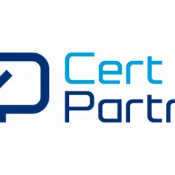 Niebieskie logo firmy Cert Partner z symbolem zaznaczenia w kwadratowym obrysie.
