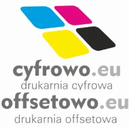 Logo firmy drukarskiej cyfrowo.eu i offsetowo.eu z czterema kwadratami w kolorach CMYK ułożonymi w romb.