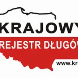 Logo Krajowego Rejestru Długów na białym tle, z konturem mapy Polski w górnej części i czerwonym prostokątem z napisem 'REJESTR DŁUGÓW' w środkowej części, oraz adresem strony internetowej w dolnej...