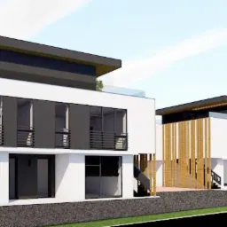 Wizualizacja dw&oacute;ch nowoczesnych, dwukondygnacyjnych dom&oacute;w z płaskimi dachami, białymi elewacjami i dużymi oknami, otoczonych zielenią, z logo projektanta w prawym g&oacute;rnym rogu.