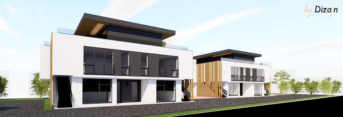 Wizualizacja dwóch nowoczesnych, dwukondygnacyjnych domów z płaskimi dachami, białymi elewacjami i dużymi oknami, otoczonych zielenią, z logo projektanta w prawym górnym rogu.