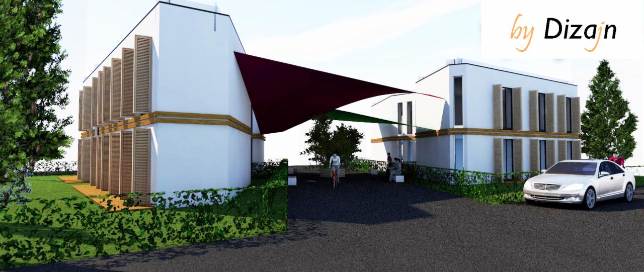 Wizualizacja budynku usługowego z białymi ścianami, drewnianymi okiennicami i markizami w kolorach bordo i zieleni, z zaparkowanym białym samochodem i osobami w tle.