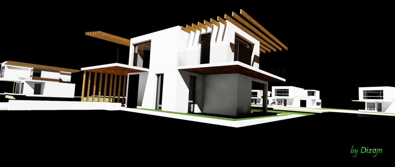 Wizualizacja osiedla nowoczesnych, białych domów z drewnianymi elementami konstrukcyjnymi na dachu i balkonach, z ciemnym tłem.