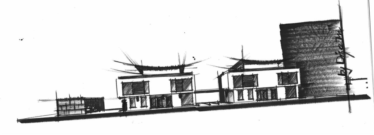 Szkic perspektywiczny zespołu budynków mieszkalnych z elementami biurowymi, wykonany ołówkiem na białym tle.