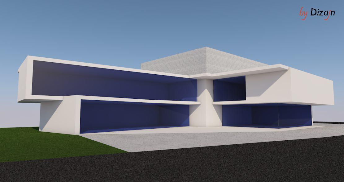 Wizualizacja dwukondygnacyjnego budynku biurowego z przeszklonymi fasadami i płaskim dachem, prezentowana w neutralnym oświetleniu dziennym.