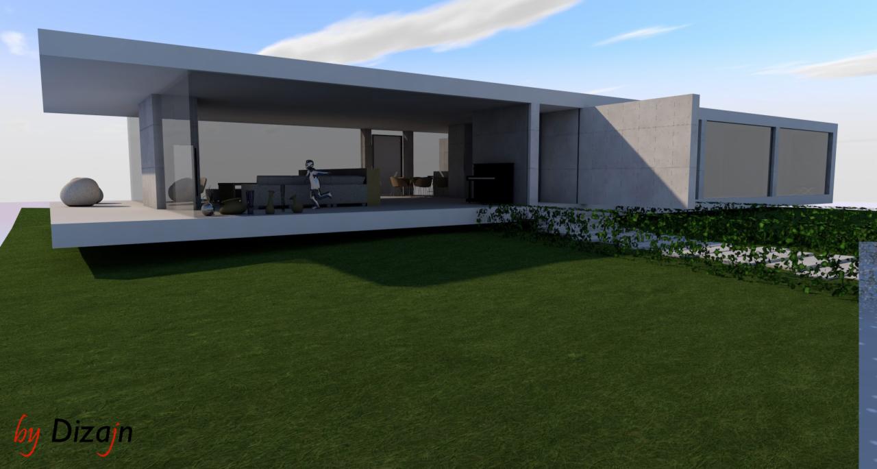 Wizualizacja nowoczesnego domu z płaskim dachem, dużymi przeszkleniami i minimalistycznym ogrodem, z widocznym wnętrzem salonu i figurką osoby w środku.