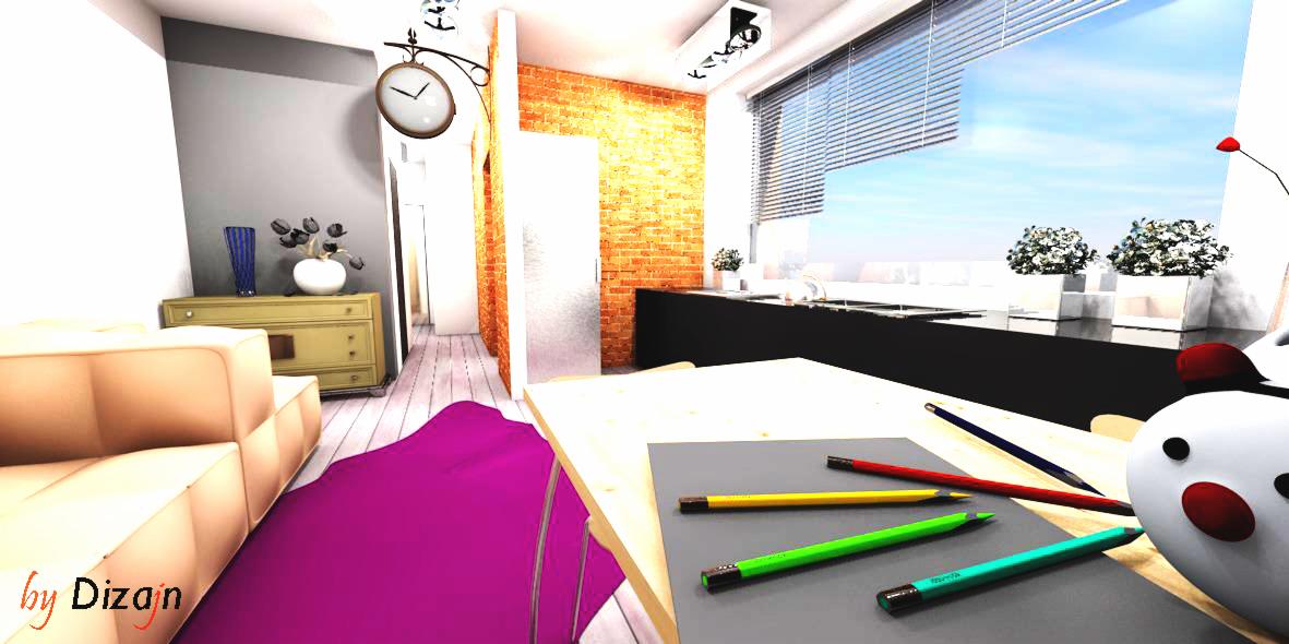 Wizualizacja wnętrza mieszkania z elementami biura: jasny salon z fioletowym dywanem, biurko z kolorowymi ołówkami i widok na kuchnię z kwiatami w oknach.