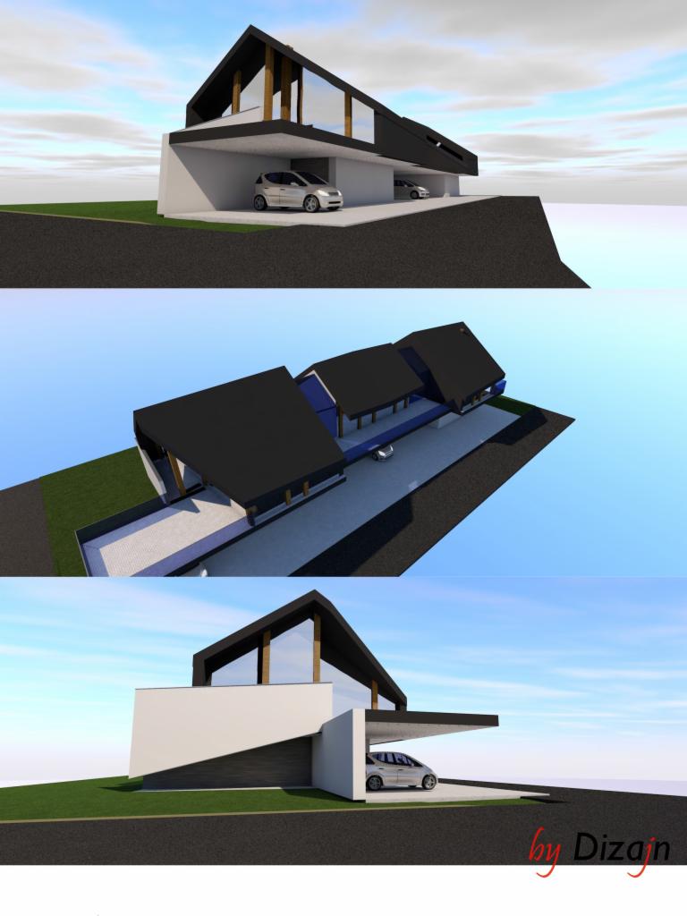 Wizualizacja 3D nowoczesnego domu jednorodzinnego z płaskim dachem, dużymi przeszkleniami i wiatą na samochód, prezentowana w trzech różnych ujęciach.
