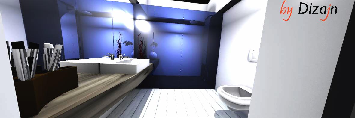 Wizualizacja nowoczesnej łazienki z umywalką nablatową, minimalistyczną toaletą i akcentami roślinnymi na tle niebieskiej ściany, oświetlonej punktowo.