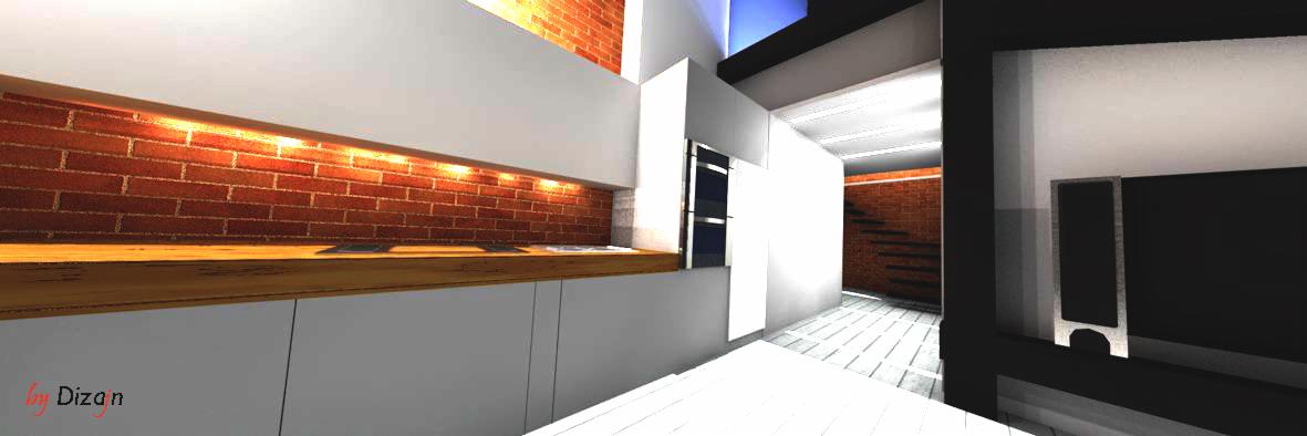 Wizualizacja nowoczesnej kuchni z ceglaną ścianą, białymi szafkami i drewnianym blatem, oświetlona listwą LED pod szafkami górnymi, widok na korytarz z białymi płytkami podłogowymi i schodami w tle.