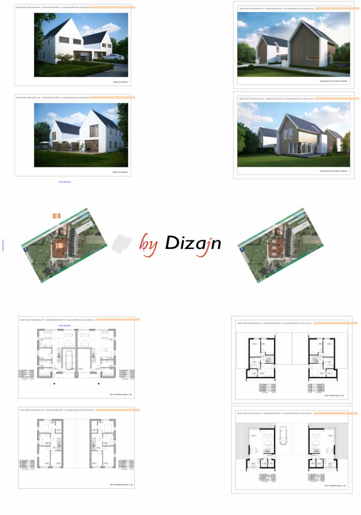 Kolaż prezentujący wizualizacje zewnętrze nowoczesnego domu jednorodzinnego w różnych ujęciach oraz rzuty kondygnacji z uwzględnieniem garażu.