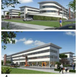 Wizualizacja kompleksu budynków biurowych w Warszawie, prezentująca nowoczesną architekturę z elementami zieleni, samochodami i spacerującymi ludźmi, na etapie projektowym.