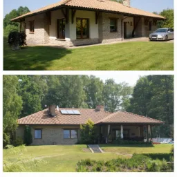 Dwukondygnacyjny dom jednorodzinny z jasnej cegły z brązowym dachem i kilkoma kominami, otoczony zielonym trawnikiem i drzewami. Na górnym zdjęciu widoczny srebrny samochód zaparkowany przed domem.