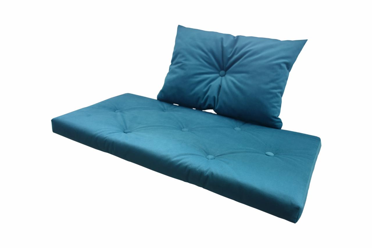 Turkusowa, welurowa poduszka siedziskowa z guzikami i poduszka oparciowa na białym tle.