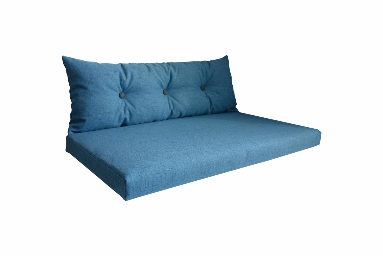 Poduszka siedziskowa i oparciowa w odcieniach błękitu, z trzema guzikami na oparciu, na białym tle.
