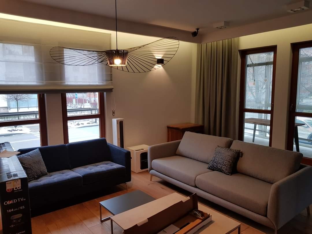 Nowoczesny salon z drewnianą podłogą, szarą sofą, granatową kanapą, designerską lampą sufitową i oknami z roletami rzymskimi, częściowo rozpakowany telewizor w kartonie.