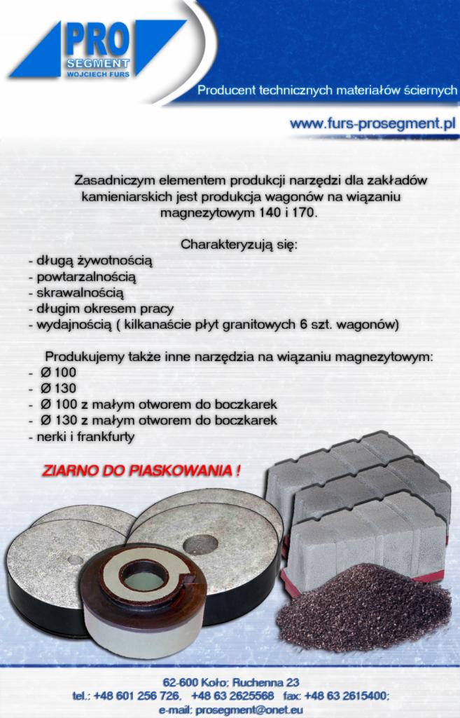 Ulotka reklamowa producenta materiałów ściernych, prezentująca ziarno do piaskowania, tarcze szlifierskie i kostkę brukową, z informacjami kontaktowymi i logo firmy.